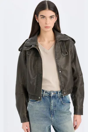 DeFacto Women Spread Collar Solid Casual Leather Jacket