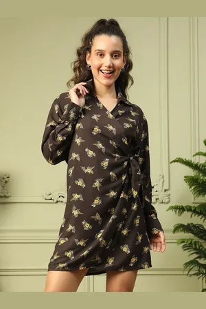 Oxolloxo Women Floral Print Shirt collar Long Sleeve Wrap Dress