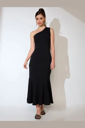 Globus Women Black One Shoulder Flared Hem Maxi Bodycon Party Dress