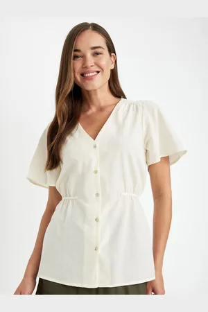 DeFacto Women V-Neck Solid Cotton Casual Shirt