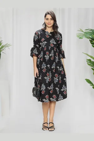 MomToBe Floral Printed Bell Sleeve Maternity Fit & Flare Ethnic Dress