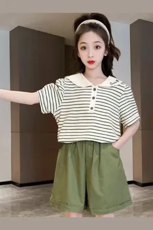 LULU & SKY Girls Striped Polo Collar T-Shirt With Shorts