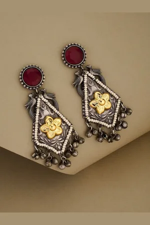 ATIBELLE German Silver-Plated Artificial Stone Studded & Beaded Contemporary Drop Earrings