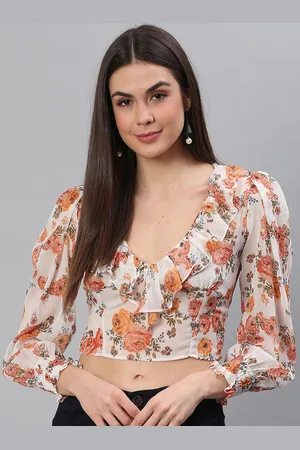 Moda Rapido Women Floral Printed V-Neck Puff Sleeves Crop Fitted Top