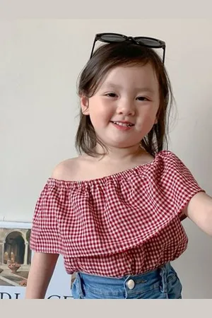 LULU & SKY Girls Checked Off-Shoulder Top