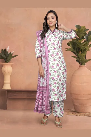 Ethnic Yard Floral Printed V-Neck Straight Kurta With Trousers & Dupatta