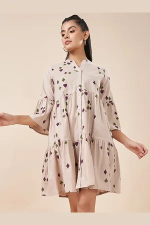 Pantaloons Printed Mandarin Collar Bell Sleeves Tiered Shirt Dress