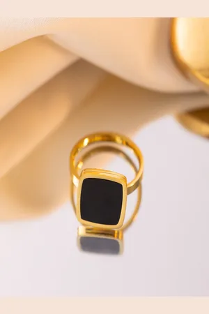 AQUASTREET 18k Gold Plated Waterproof Anti-Tarnish Black Onyx Square Ring