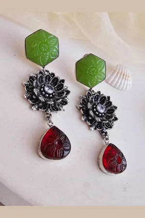 Binnis Wardrobe Green & Maroon Contemporary Drop Earrings