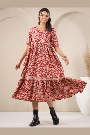 Jaipur Floral Print V-Neck Cotton Fit & Flare Maxi Dress