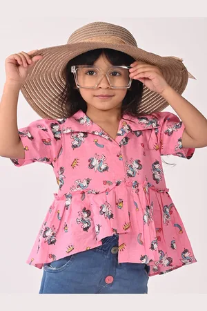 Sangria Girls Unicorn Printed Pure Cotton Asymmetric Hem Shirt Collared Top