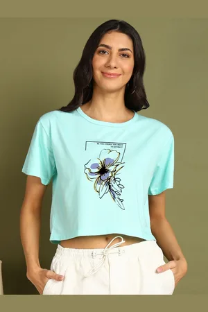 Chozi Women Bio Finish Floral Printed Round Neck Cotton Boxy T-shirt
