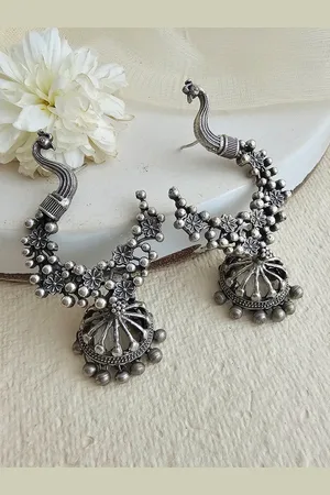 Binnis Wardrobe Women Silver Peacock Shaped Jhumkas Earrings