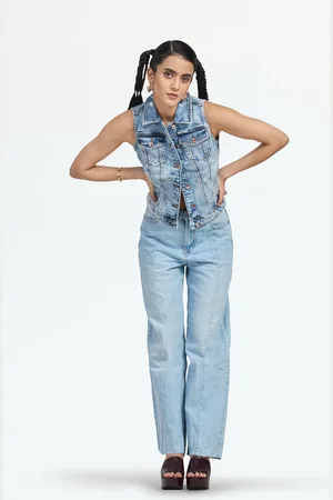 LOVEGEN Women Blue Washed Crop Denim Jacket