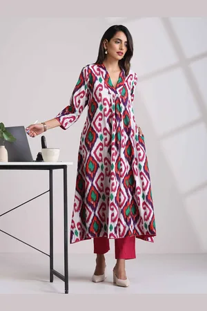 trueBrowns Women Ethnic Motifs Ikat Printed Regular A-Line Kurta with Trousers