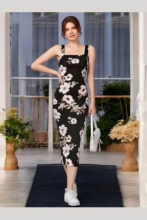 BAESD Women Floral Printed Shoulder Straps Neck Sleeveless Midi Bodycon Dress