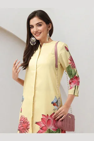 Ishin Floral Printed Band Collar Straight Kurta With Trousers