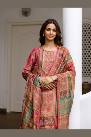 Ishin Ethnic Motifs Printed Pure Cotton Round Neck Straight Kurta with Trousers & Dupatta