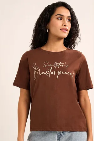 PEOPLE Women Typography Printed Round Neck Cotton Boxy T-shirt