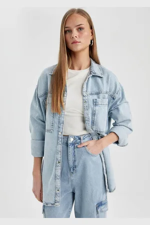 DeFacto Women Spread Collar Washed Solid Cotton Casual Denim Jacket