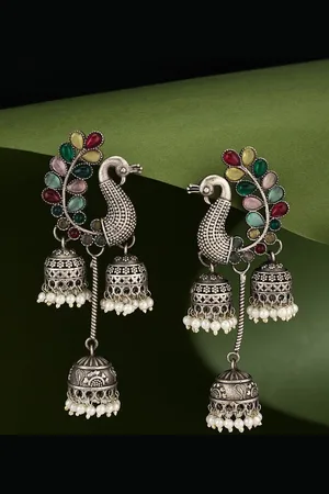 ATIBELLE German Silver-Plated Artificial Stones Studded Peacock Shaped Jhumkas