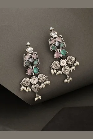 ATIBELLE German Silver-Plated Artificial Stones Studded & Beaded Shaped Drop Earrings