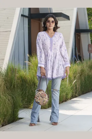 Sangria Women V-neck Floral Printed Pure Cotton Tunics