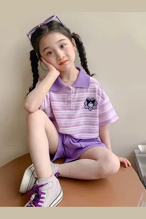LULU & SKY Girls Striped Polo Collar T-Shirt With Shorts
