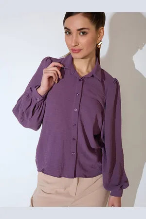 Globus Women Lavender Self Design Collared Neck Balloon Sleeves Shirt Style Workwear Top