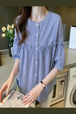 Stylecast Women Vertical Striped Band Collar Cotton Casual Shirt