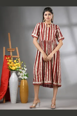 Charukriti Striped Midi Ethnic Dress With Sequence Work