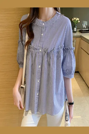 Stylecast Women Band Collar Vertical Striped Casual Relaxed Fit Cotton Shirt