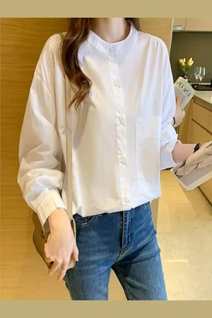 Stylecast Women Band Collar Solid Cotton Casual Shirt
