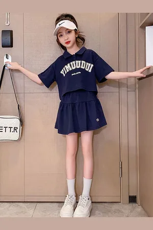 LULU & SKY Girls Typographic Printed Polo Collar T-shirt With Skirt
