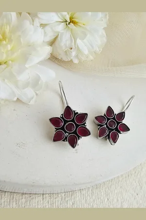 Binnis Wardrobe Women Silver-Toned German Silver Contemporary Ruby Stone Drop Earrings