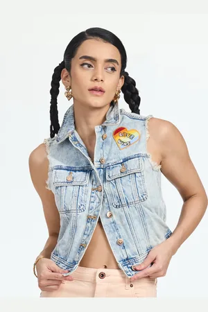 LOVEGEN Women Blue Washed Checked Crop Denim Jacket with Embroidered