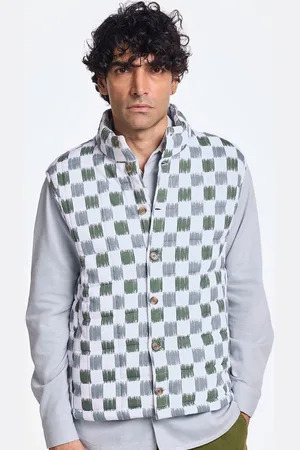 Terra Luna Men Mandarin Collar Checked Cotton Casual Gilet Jacket
