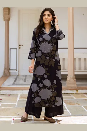 Ishin Floral Printed Mandarin Collar Sequinned Straight Kurta With Palazzos