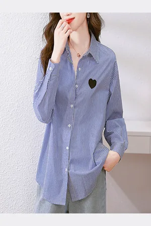 Stylecast Women Spread Collar Vertical Striped Cotton Casual Shirt