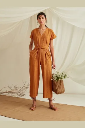 Abhishti Women Overlapped Neckline Belted Jumpsuit Mustard