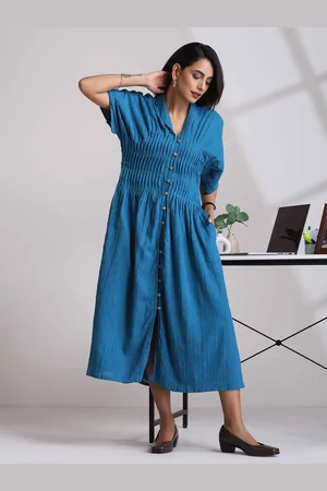 trueBrowns Ikat Printed Gathered Cotton Dobby Shirt Midi Ethnic Dress