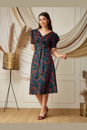 BAESD Girls Floral Printed Puff Sleeves Wrap Midi Dress