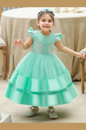 LULU & SKY Girls Embroidered Flutter Sleeves Layered Maxi Gown Dress