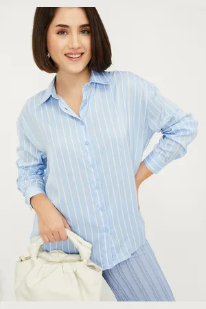 Max Collection Women Spread Collar Vertical Striped Relaxed Fit Casual Shirt