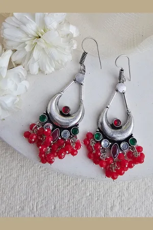 Binnis Wardrobe German Silver-Plated & Red Crescent Shaped Oxidised Drop Earrings
