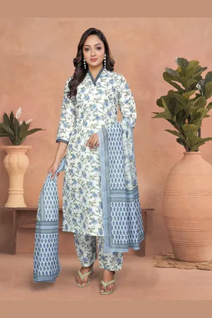 Ethnic Yard Floral Printed V-Neck Straight Kurta With Trousers & Dupatta