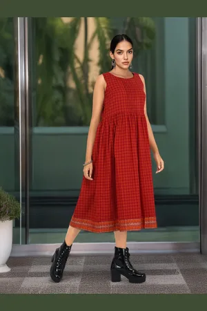Taavi Sleeveless Checked Woven Festive A-line Ethnic Dress