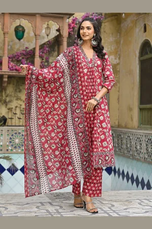 AUTUMN LANE Floral Printed Empire V-Neck Pure Cotton Kurta with Palazzo And Dupatta