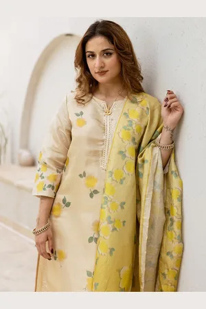 Ishin Floral Printed Notch Neck Sequinned Straight Kurta With Trousers And Dupatta