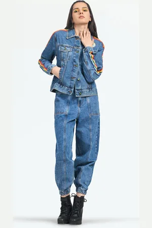 LOVEGEN Women Blue Washed Crop Denim Jacket with Embroidered